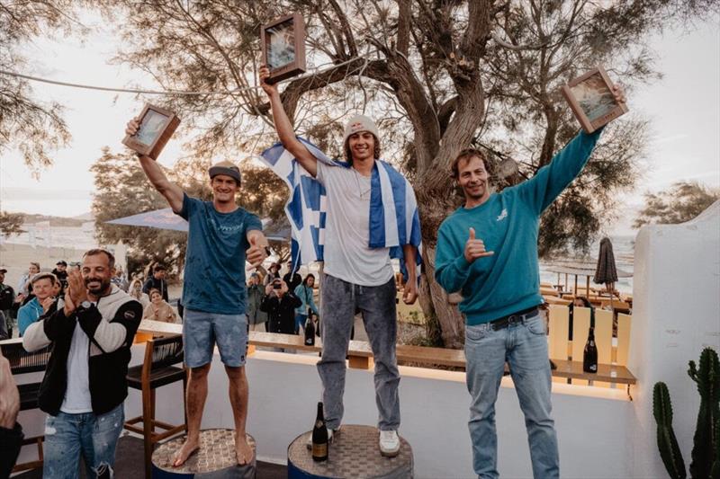 The mens 2024 European Freestyle podium. From the left: Yentel Caers, Lennart Neubauer and Steven Van Broeckhoven - 2024 FPT Naxos photo copyright PROtography Official taken at  and featuring the Windsurfing class