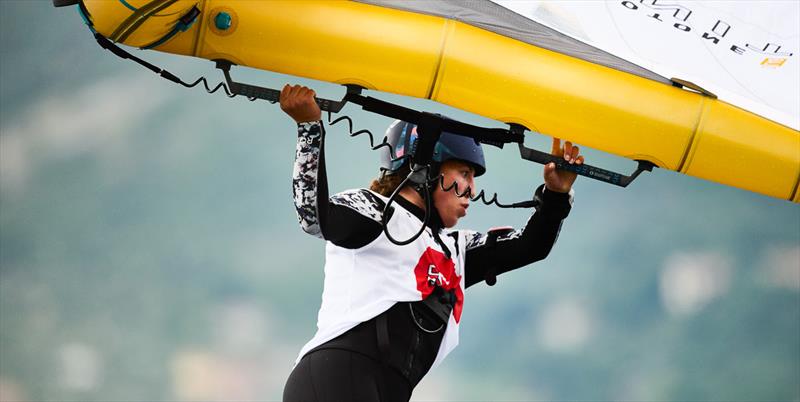 Nia Suardiaz leading the women before the wind shut down - 2023 Pascucci WingFoil Racing World Cup Campione del Garda, Day 3 - photo © IWSA media / Robert Hajduk