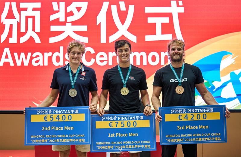 The Men's Podium - 2024 WingFoil Racing World Cup China Day 5 photo copyright IWSA media / Robert Hajduk taken at  and featuring the Wing Foil class