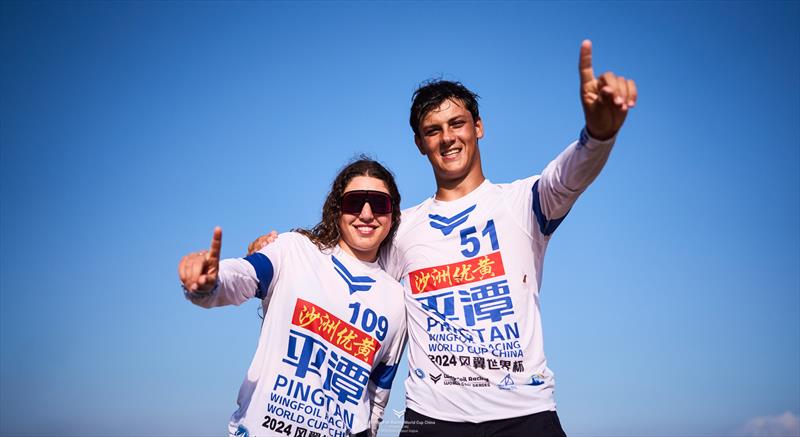 Suardiaz and Ghio celebrate victory in China - 2024 WingFoil Racing World Cup China Day 5 photo copyright IWSA media / Robert Hajduk taken at  and featuring the Wing Foil class