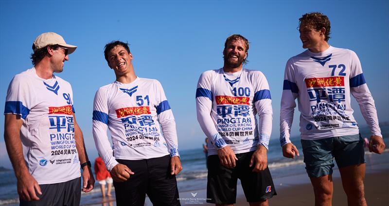 Escoffet, Ghio, Cappuzzo and Manowiecki celebrate their top four status - 2024 WingFoil Racing World Cup China Day 5 photo copyright IWSA media / Robert Hajduk taken at  and featuring the Wing Foil class